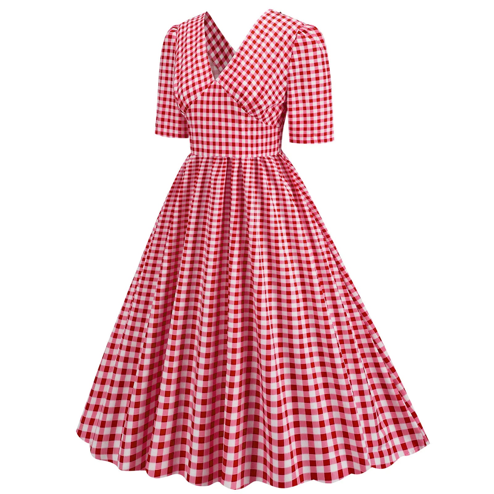 Gingham V-Neck Midi Dress with Fitted Bodice