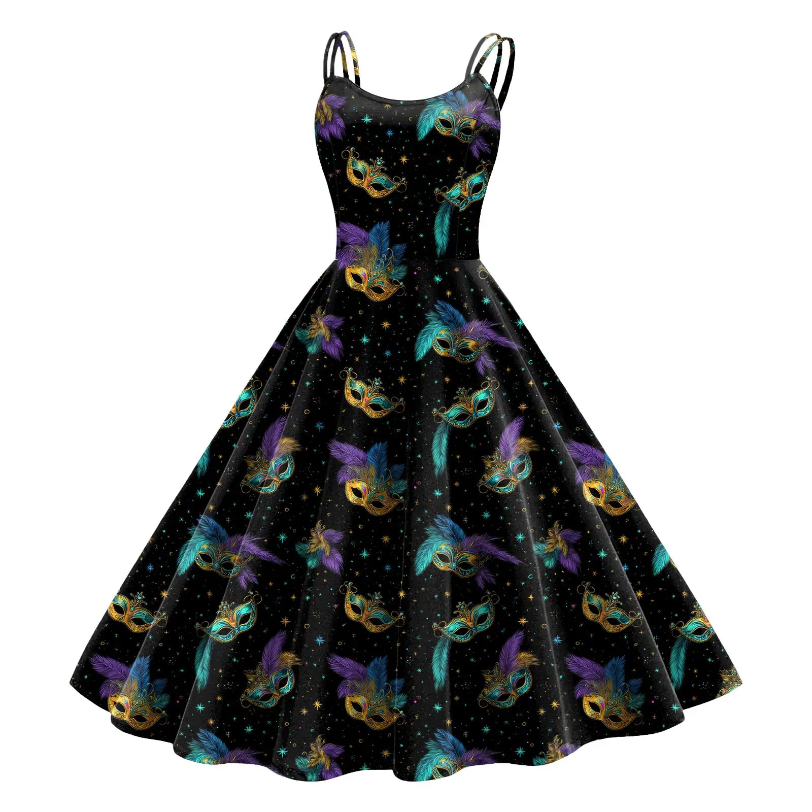 Carnival Mask Print Strappy Midi Dress