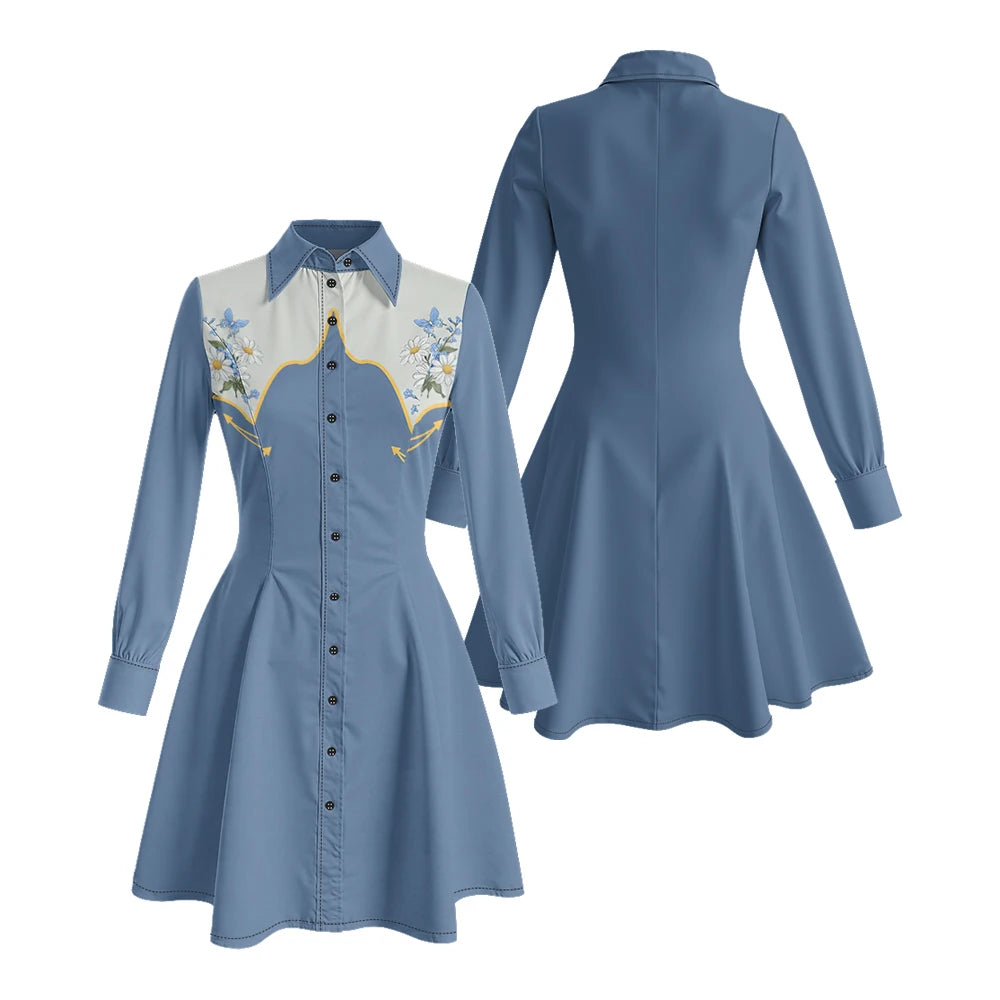 Long Sleeve Western-Style Button-Front Shirt Dress with Floral Yoke Graphic