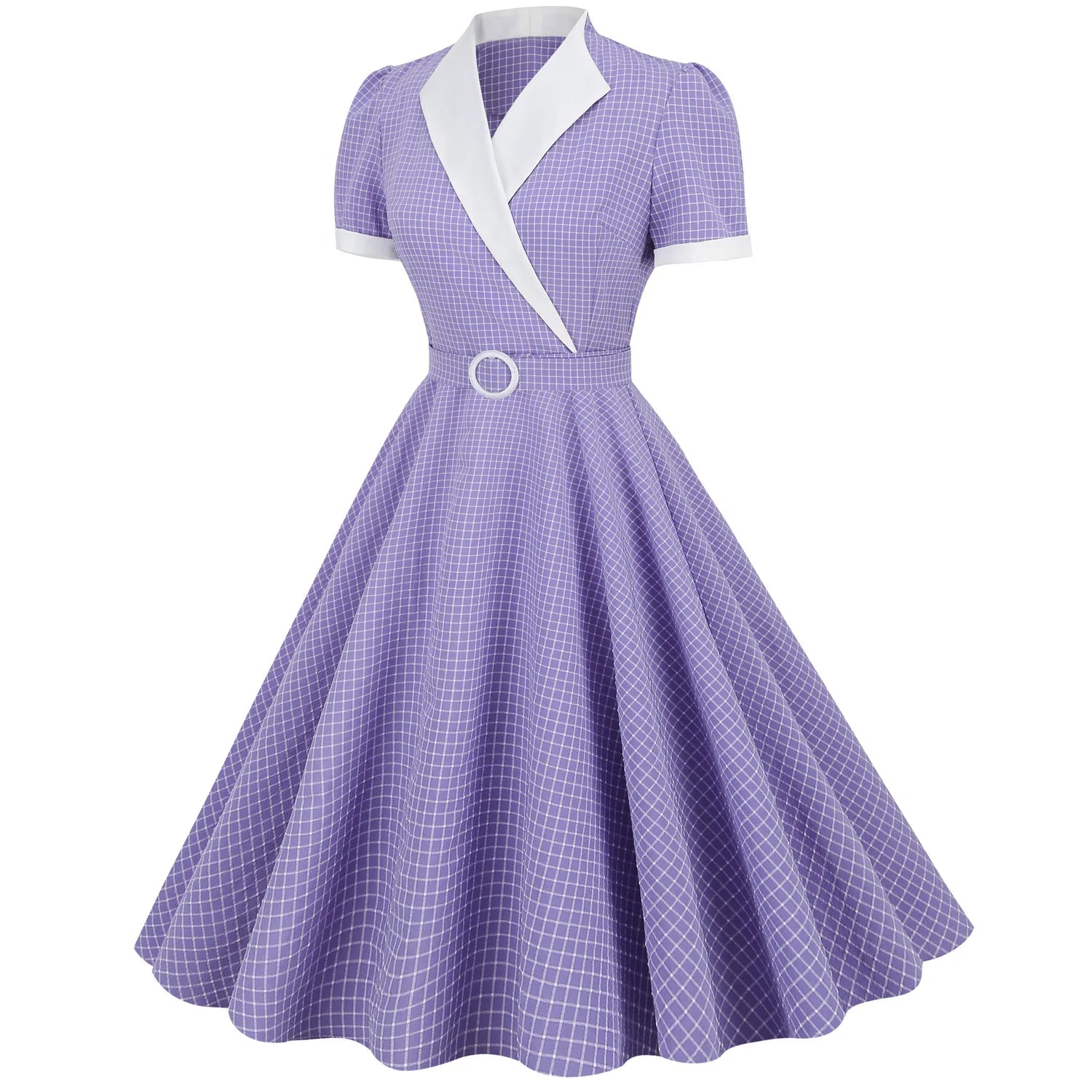 Women Vintage Gingham Dress V-Neck 1950s Swing Dress Rockabilly Cocktail Tea Party Dress WIth Belt Casual Dress Plaid Dress