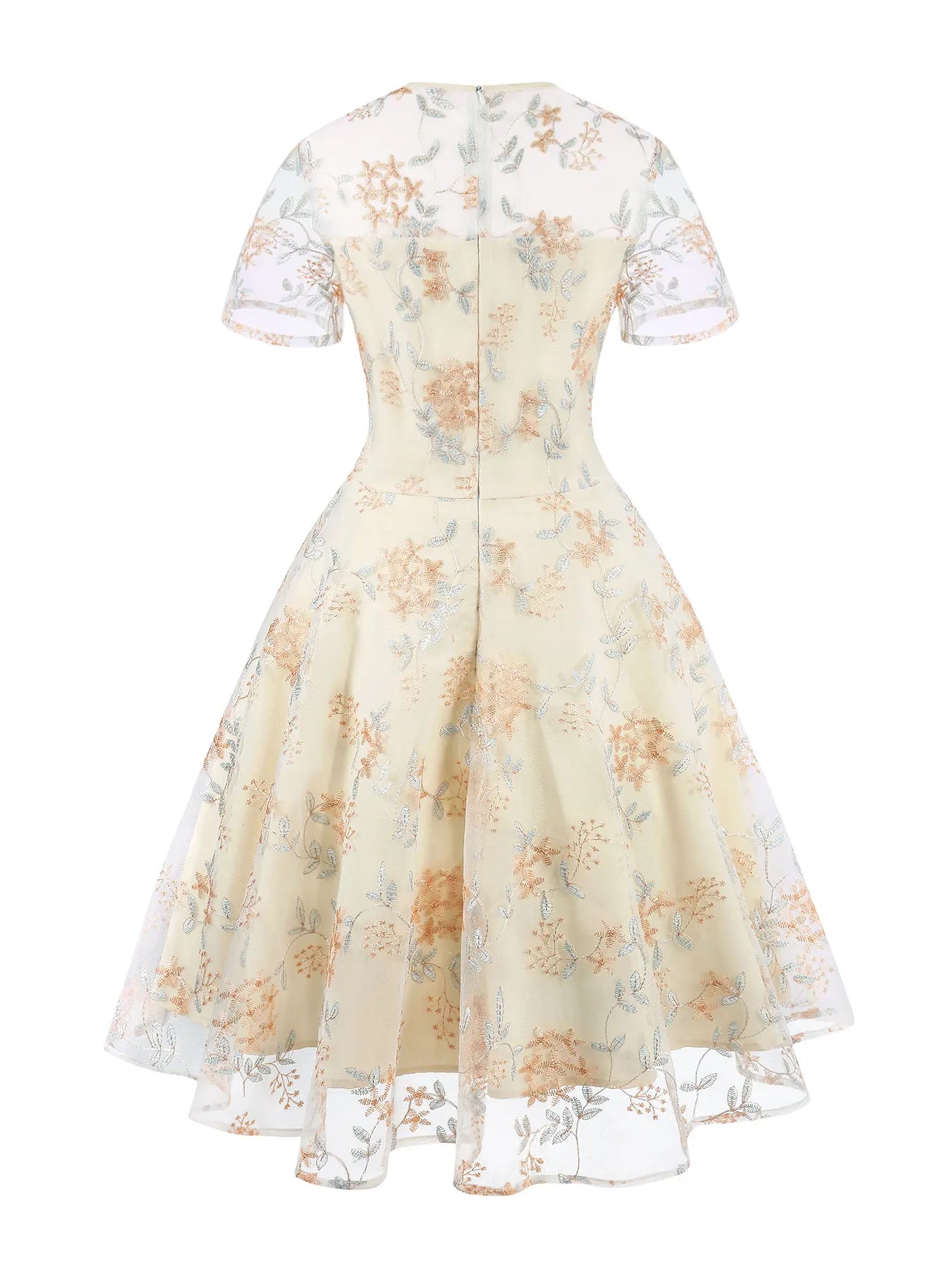 Embroidered Sheer Overlay Midi Dress with Tie Neck