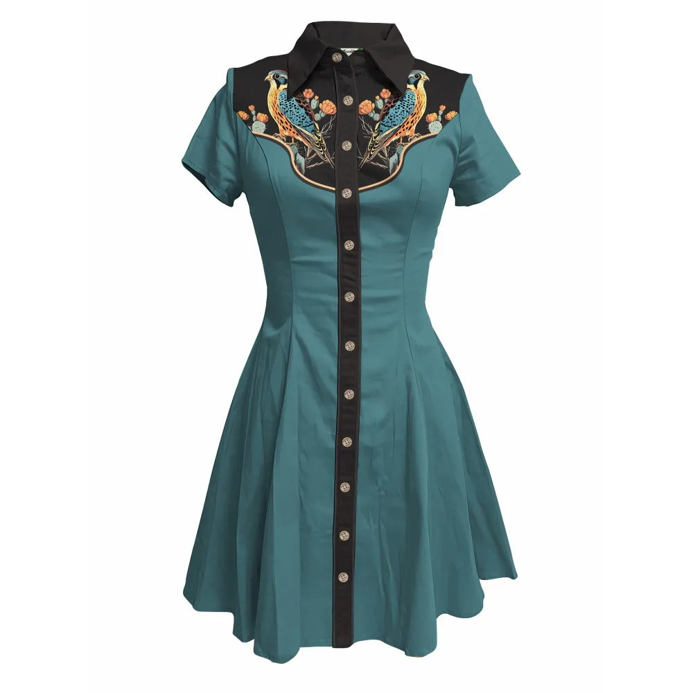 Short Sleeve Button-Front Shirt Dress with Bird Yoke Graphic