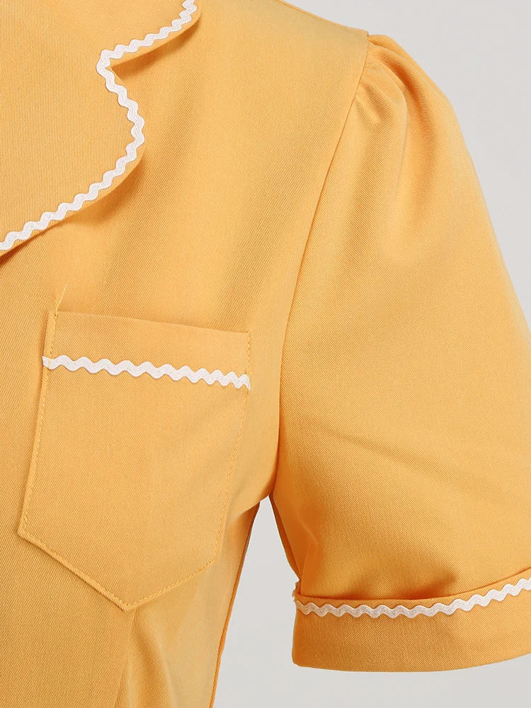 Contrast Trim Button-Front Fit & Flare Dress