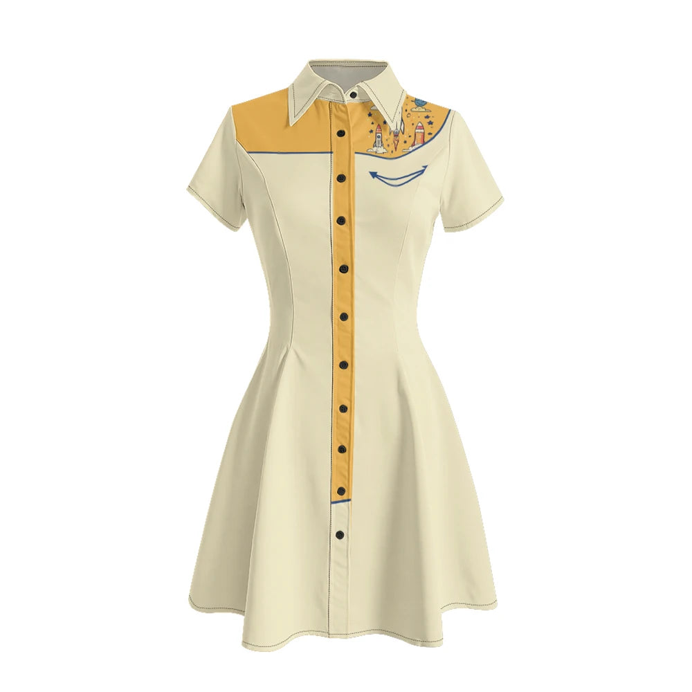 Short Sleeve Western-Style Button-Front Shirt Dress with Planet Yoke Print
