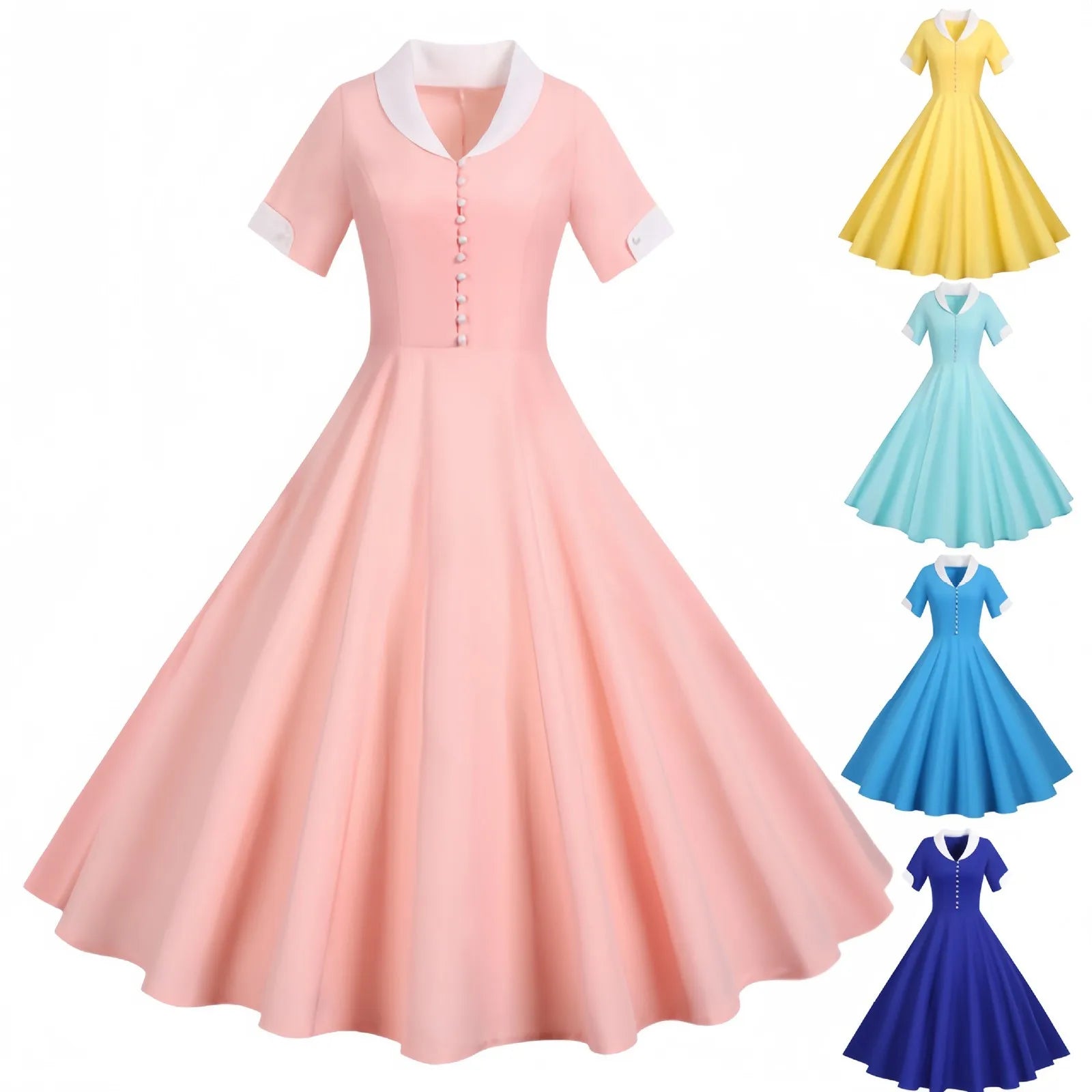 Contrast Collar Button Front Midi Dress
