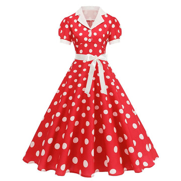 Vintage Polka Dot Pleated Summer Dress Women 1950s 60s Notched Collar Short Sleeve Belted Elegant Retro Clothing