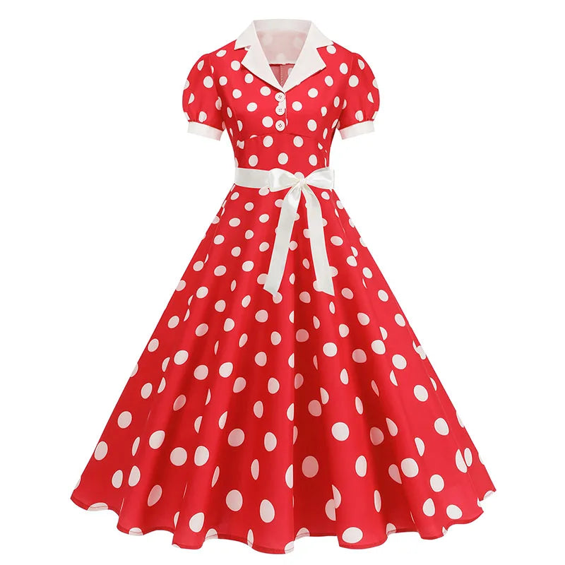 Vintage Polka Dot Pleated Summer Dress Women 1950s 60s Notched Collar Short Sleeve Belted Elegant Retro Clothing
