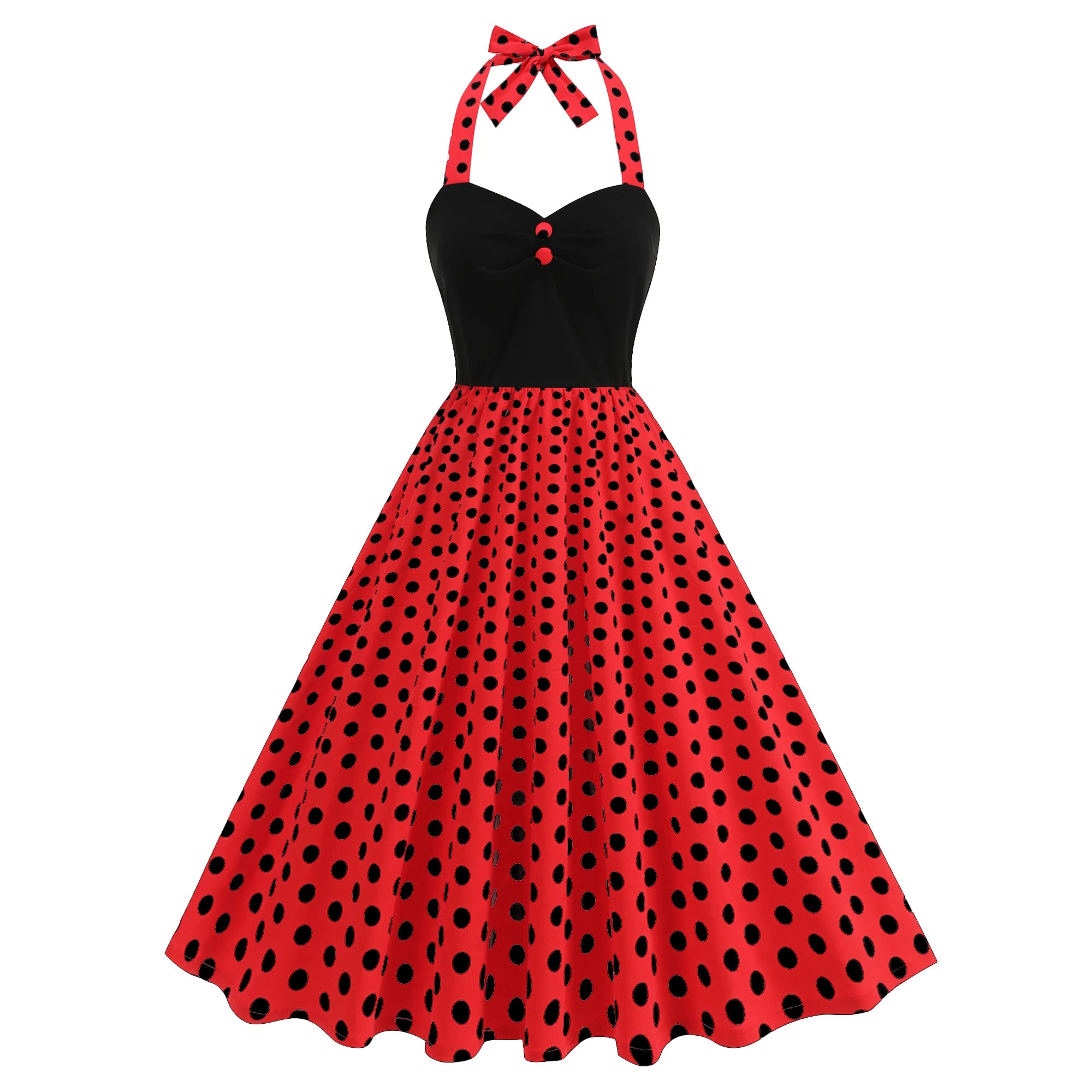 Contrast Bodice Polka Dot Halter Dress