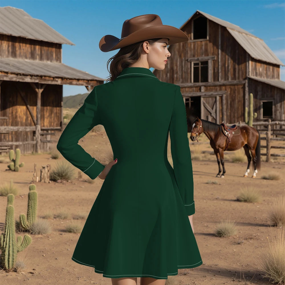 Long Sleeve Western-Style Button-Front Shirt Dress with Graphic Yoke
