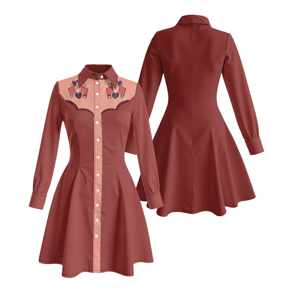 Long Sleeve Western-Style Button-Front Shirt Dress with Graphic Yoke