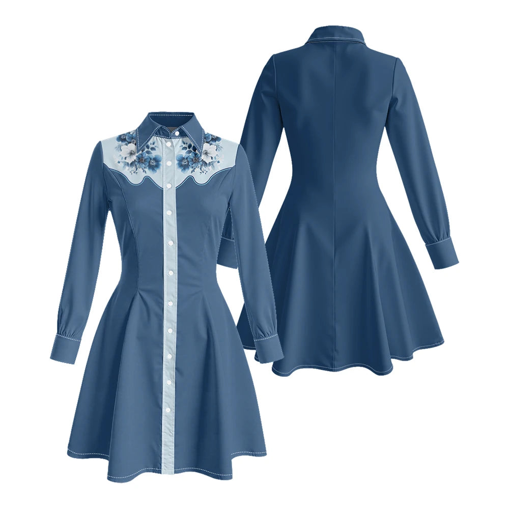 Long Sleeve Western-Inspired Shirt Dress with Embroidered Yoke