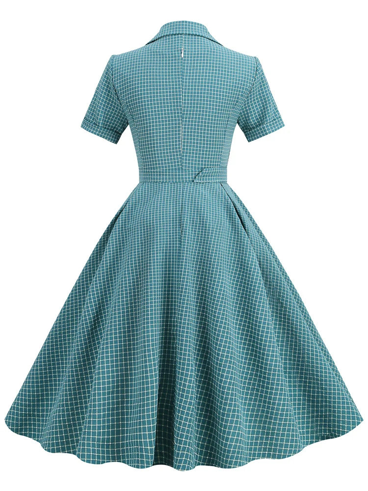 Grid Print Collared Midi Dress with Belt