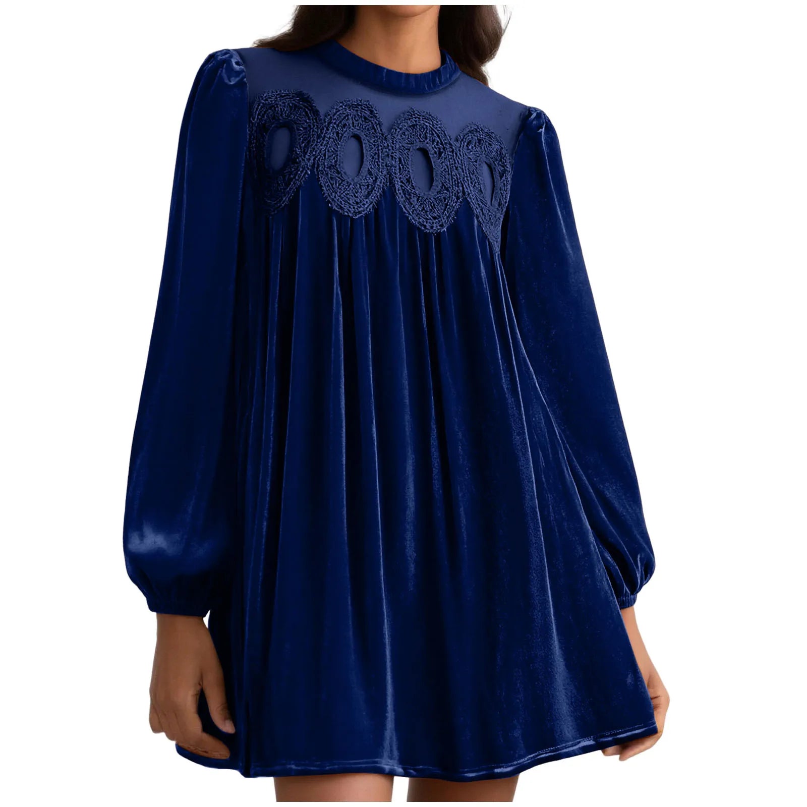 Velvet Long Sleeve Mini Dress with Embroidered Yoke
