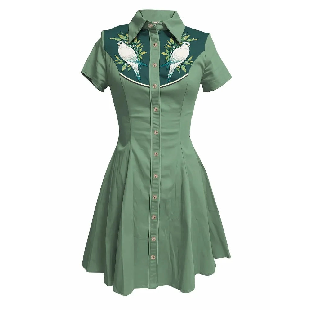 Short Sleeve Button-Front Shirt Dress with Bird Yoke Graphic