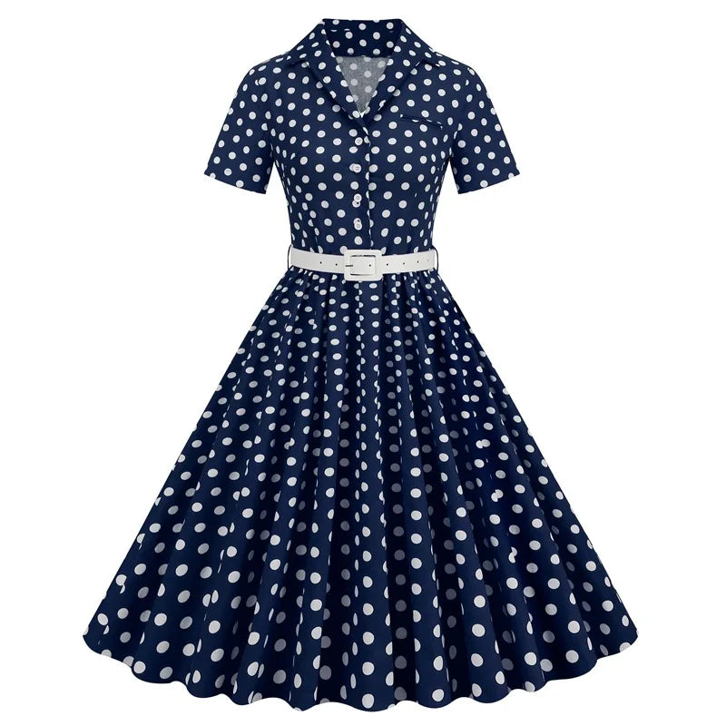 Women Vintage Polka Dots Dress Retro Elegant V-Neck Office Cocktail Tea Party 1950s 40s Swing Dress Summer Dress Short Sleeves