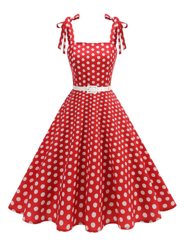 Tie Strap Polka Dot Belted Fit & Flare Dress