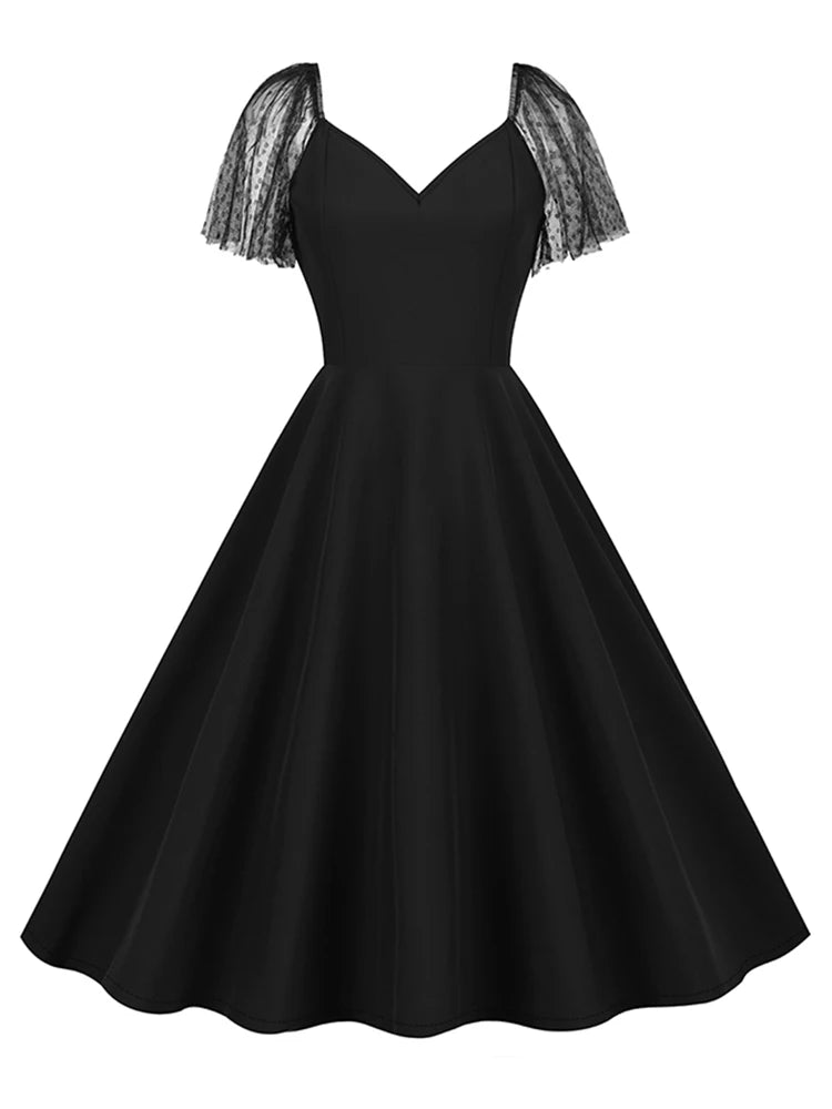 Sheer Mesh Sleeve Fit and Flare Midi Dress