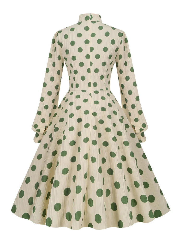 High Neck Polka Dot Long Sleeve Midi Dress with Bow Detail