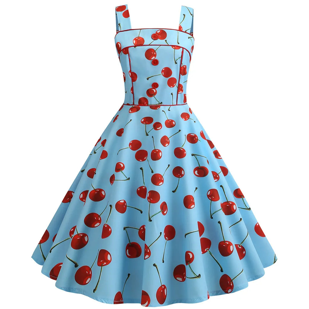 Square Neck Cherry Print Fit and Flare Dress