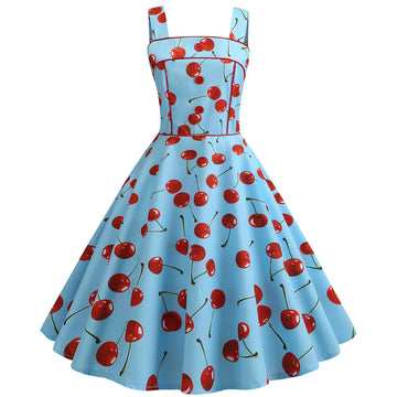 Square Neck Cherry Print Fit and Flare Dress