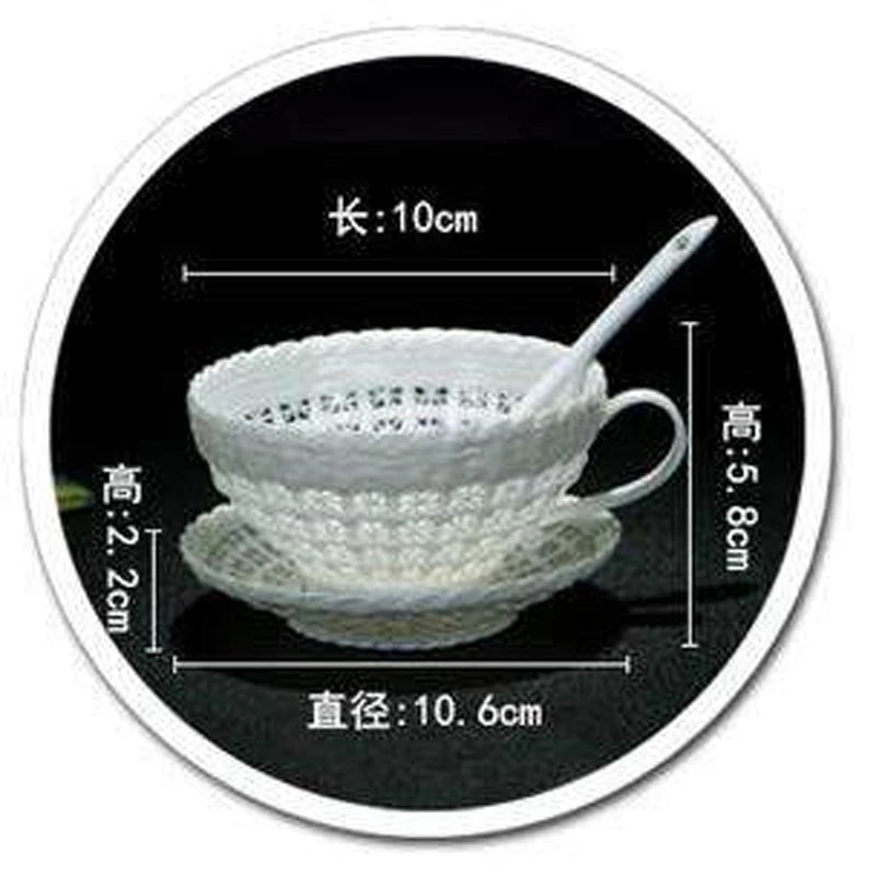 Antique Style Woven-Relief Ceramic Coffee Cup & Saucer Set