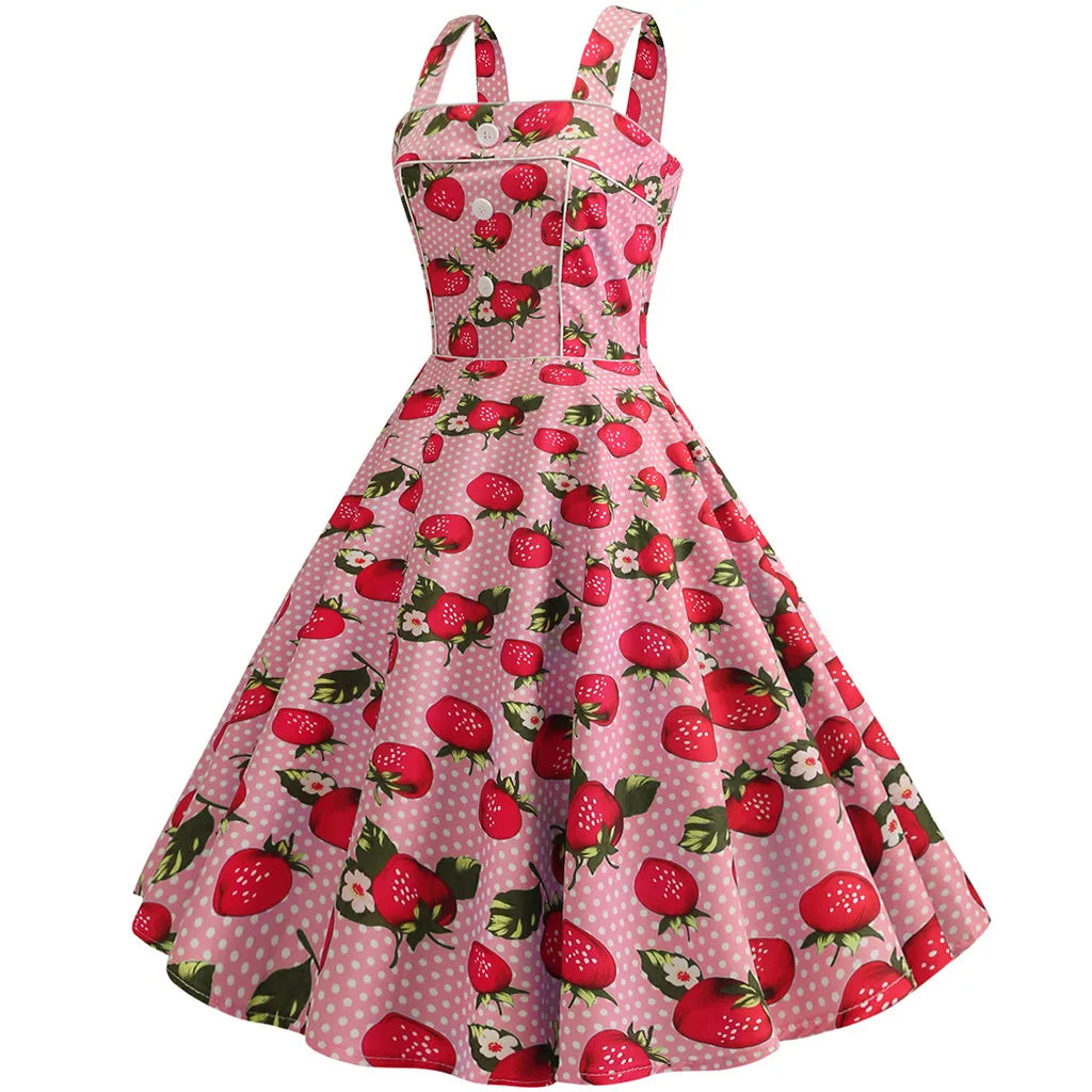 Square Neck Cherry Print Fit and Flare Dress