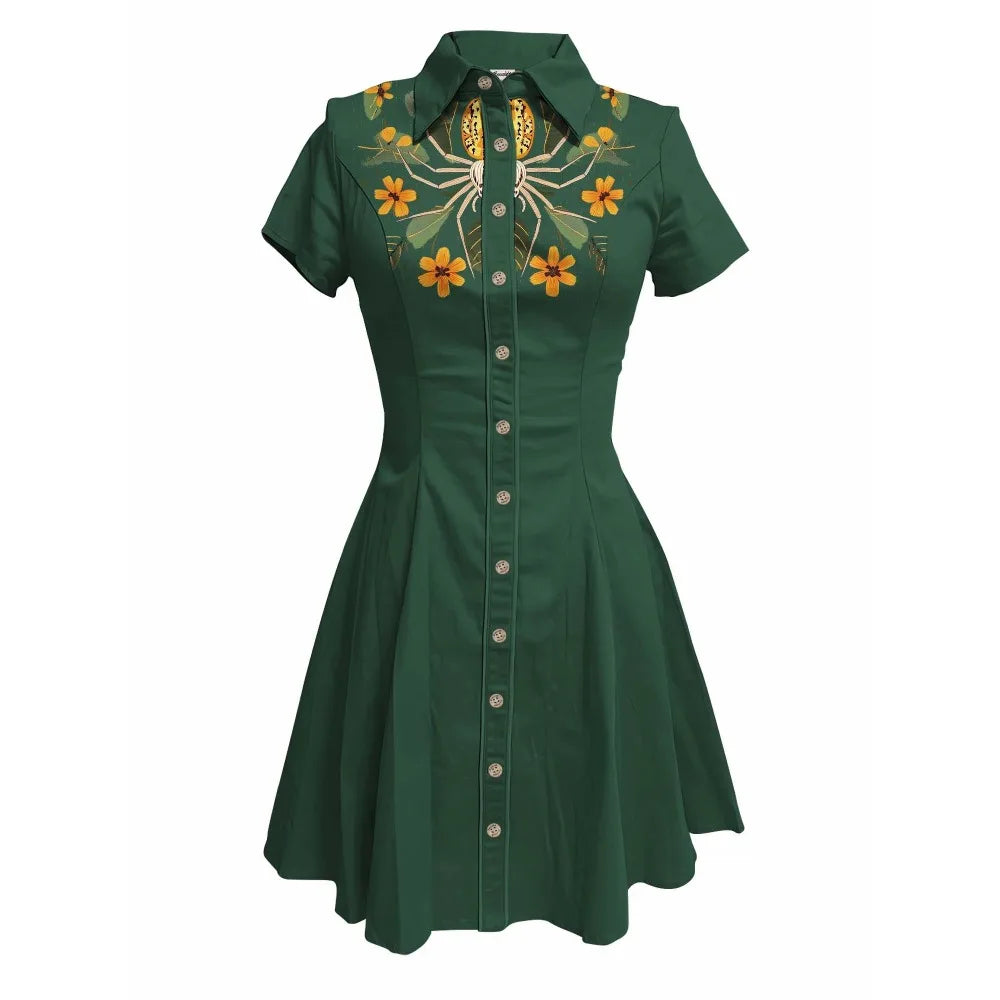 Short Sleeve Button-Front Shirt Dress with Spiderweb Yoke Graphic