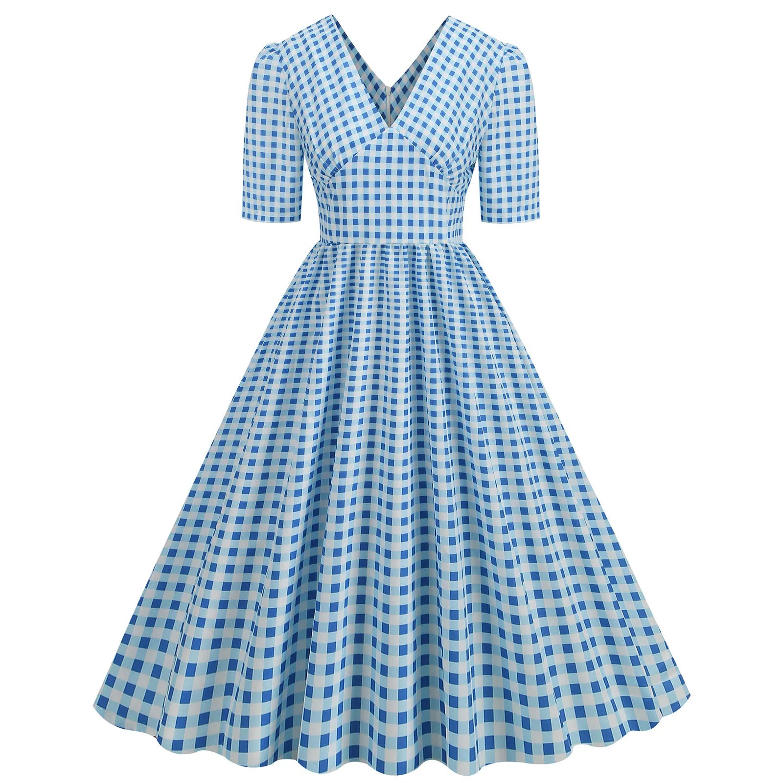 Gingham V-Neck Midi Dress with Fitted Bodice