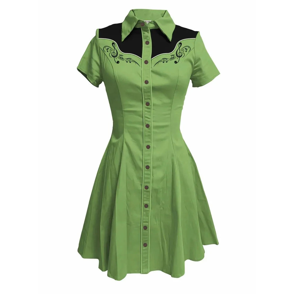 Short Sleeve Western-Style Button-Front Shirt Dress with Music Note Yoke Graphic
