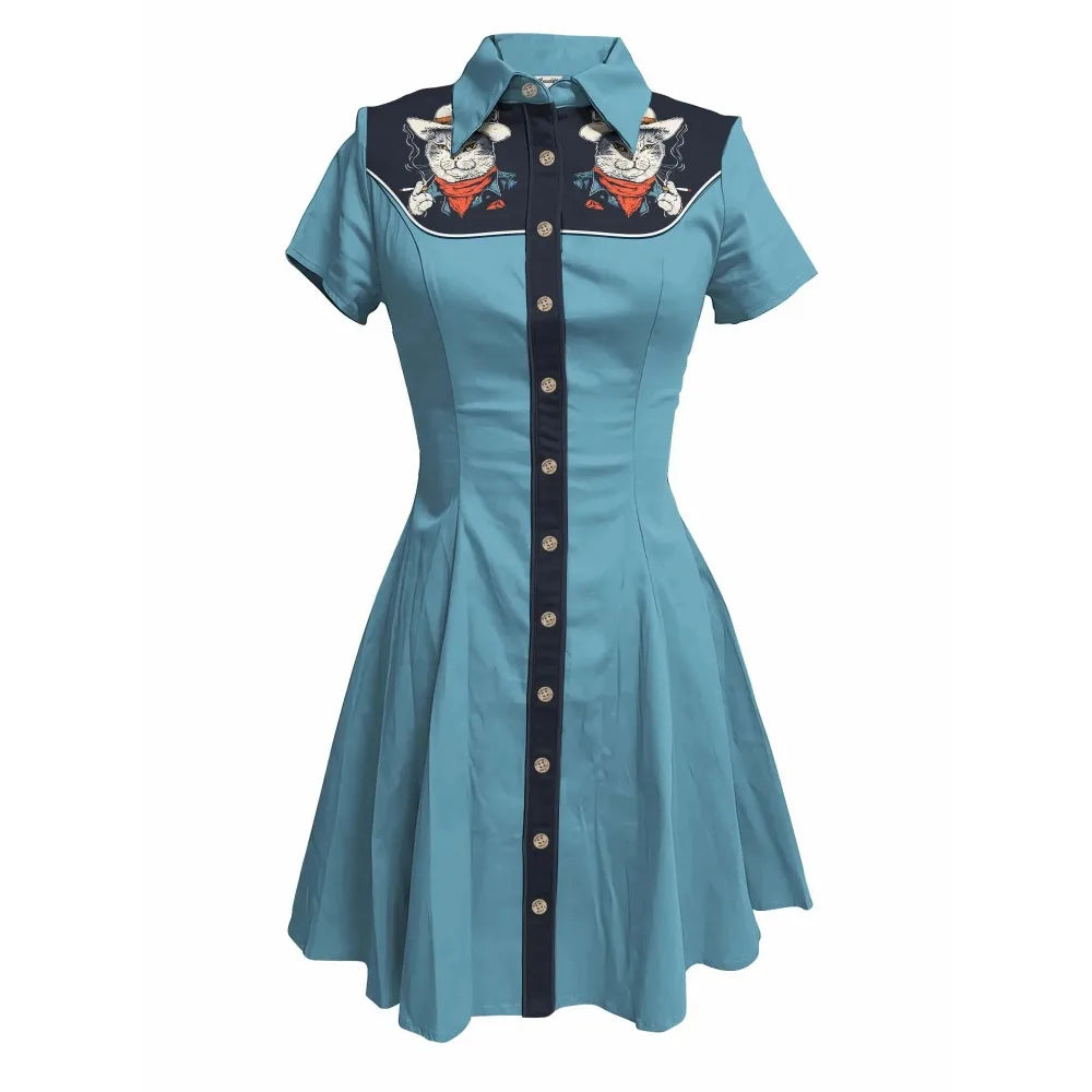 Short Sleeve Western-Style Button-Front Shirt Dress with Animal Yoke Print