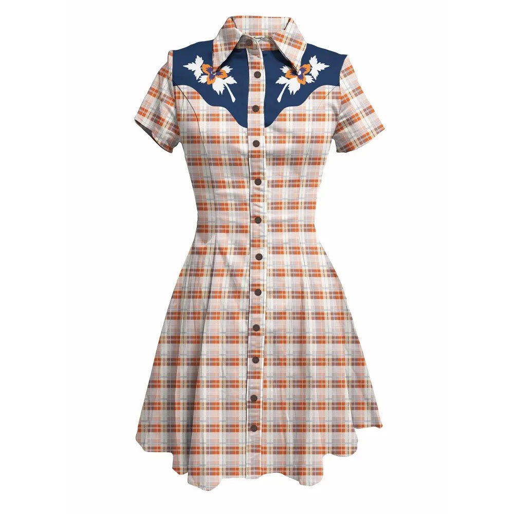 Short Sleeve Button-Front Shirt Dress with Plaid Print and Embroidered Yoke