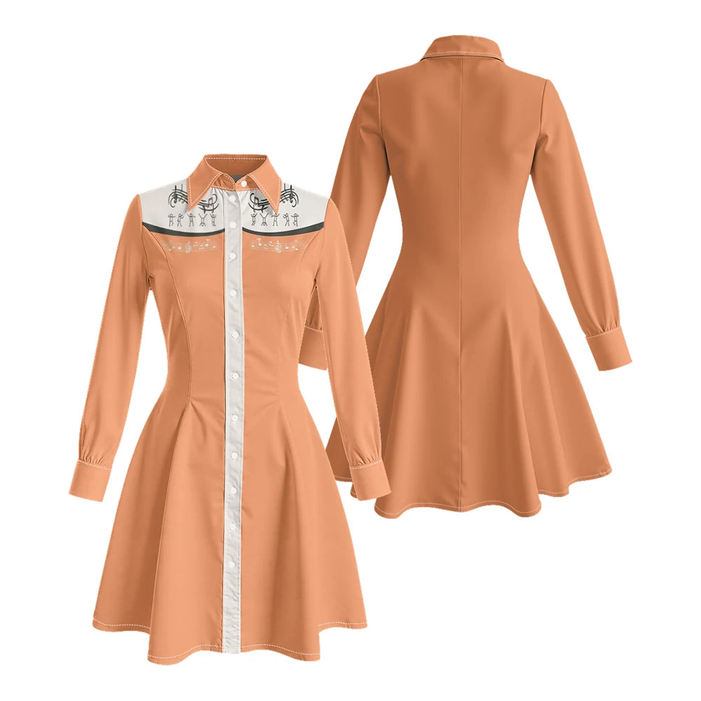 Long Sleeve Western-Style Button-Front Shirt Dress with Graphic Yoke