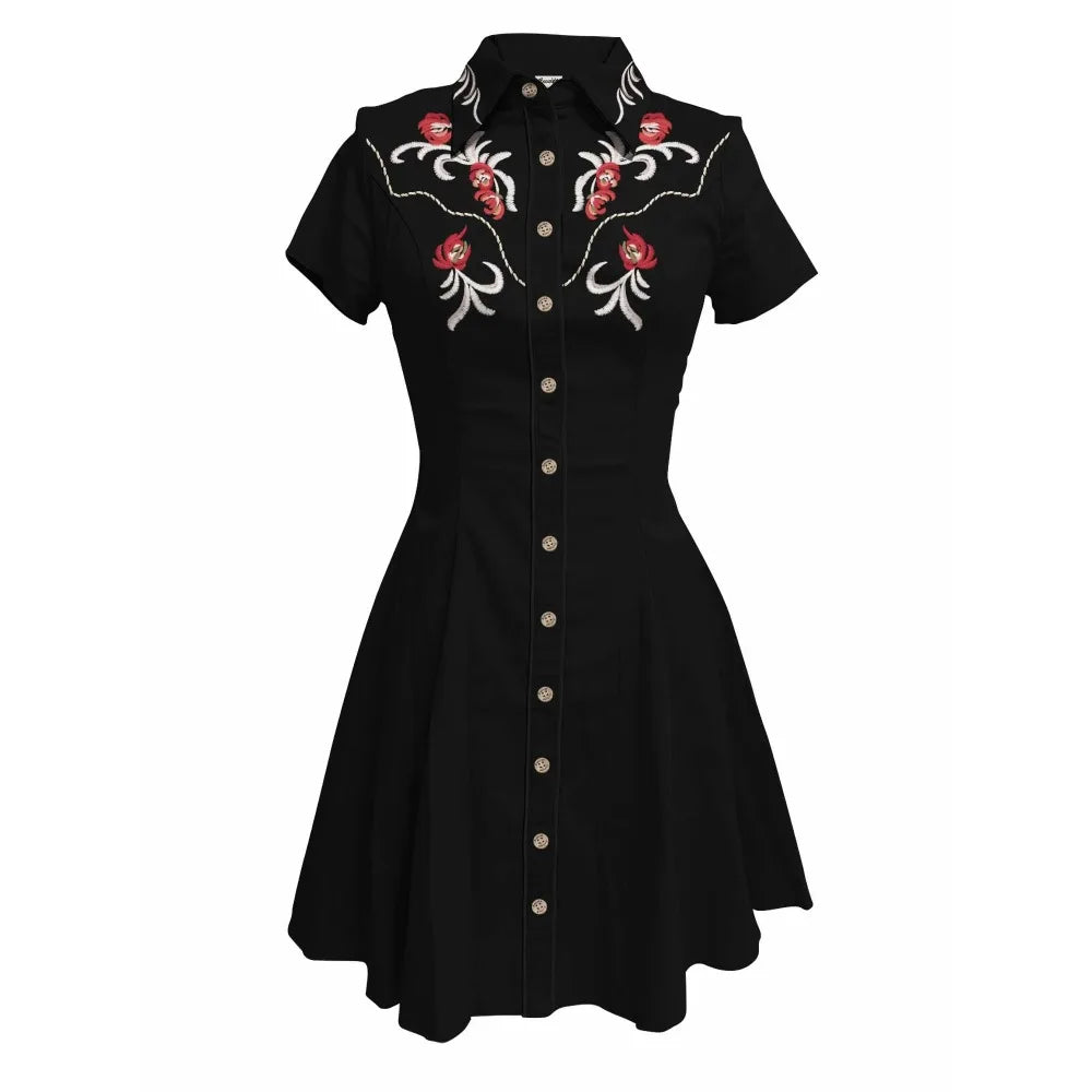 Short Sleeve Button-Front Shirt Dress with Rose Yoke Graphic