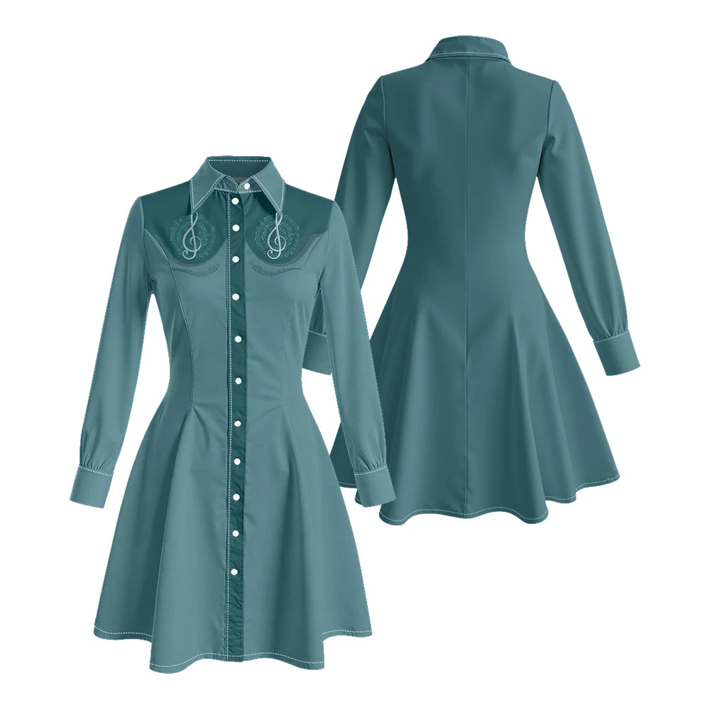 Long Sleeve Western-Style Button-Front Shirt Dress with Graphic Yoke