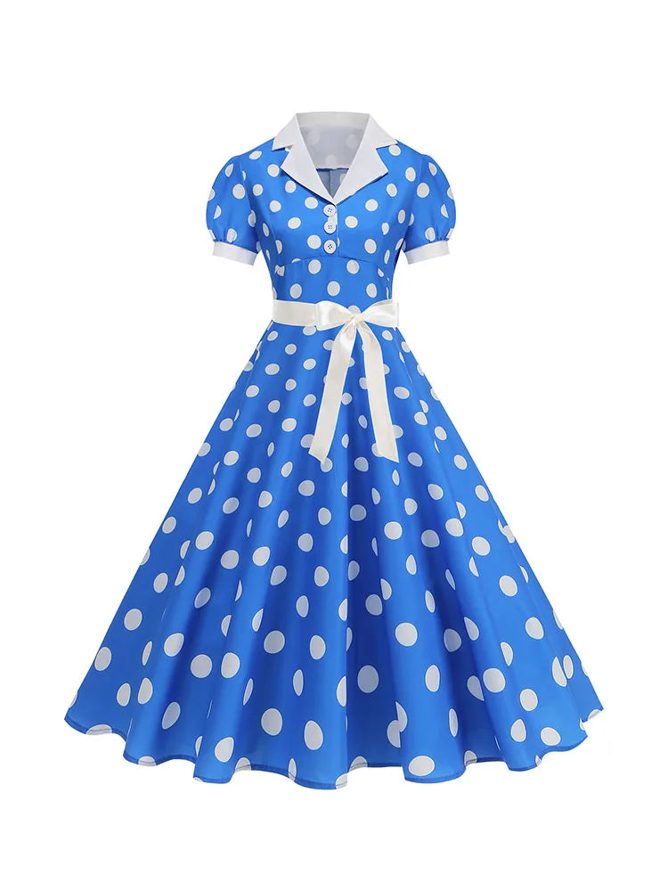 Vintage Polka Dot Pleated Summer Dress Women 1950s 60s Notched Collar Short Sleeve Belted Elegant Retro Clothing