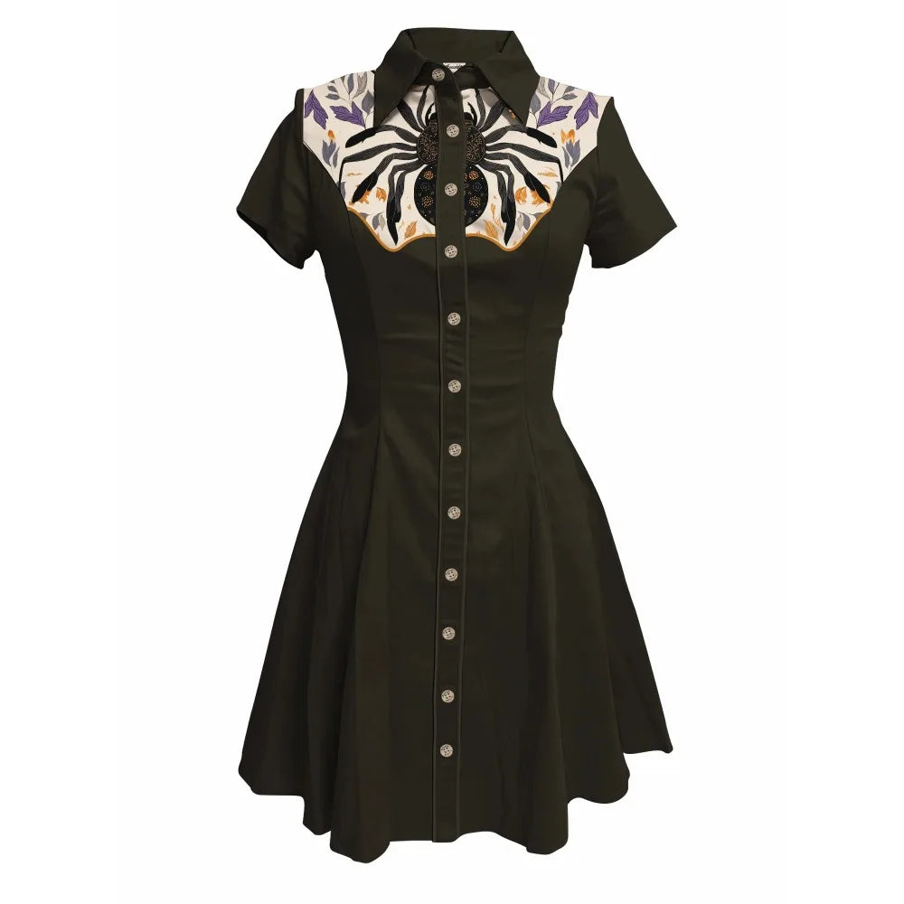 Short Sleeve Button-Front Shirt Dress with Spiderweb Yoke Graphic