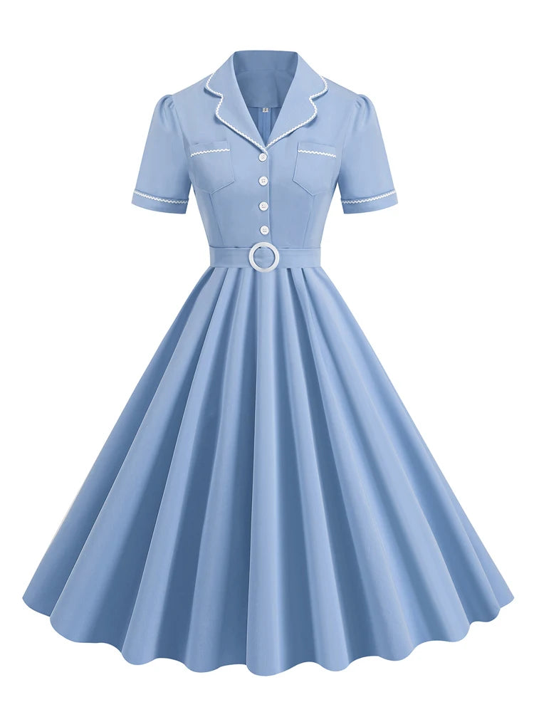 Contrast Trim Button-Front Fit & Flare Dress