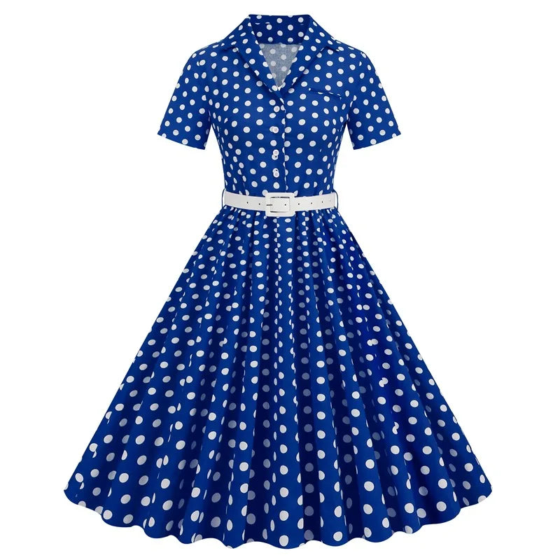 Women Vintage Polka Dots Dress Retro Elegant V-Neck Office Cocktail Tea Party 1950s 40s Swing Dress Summer Dress Short Sleeves