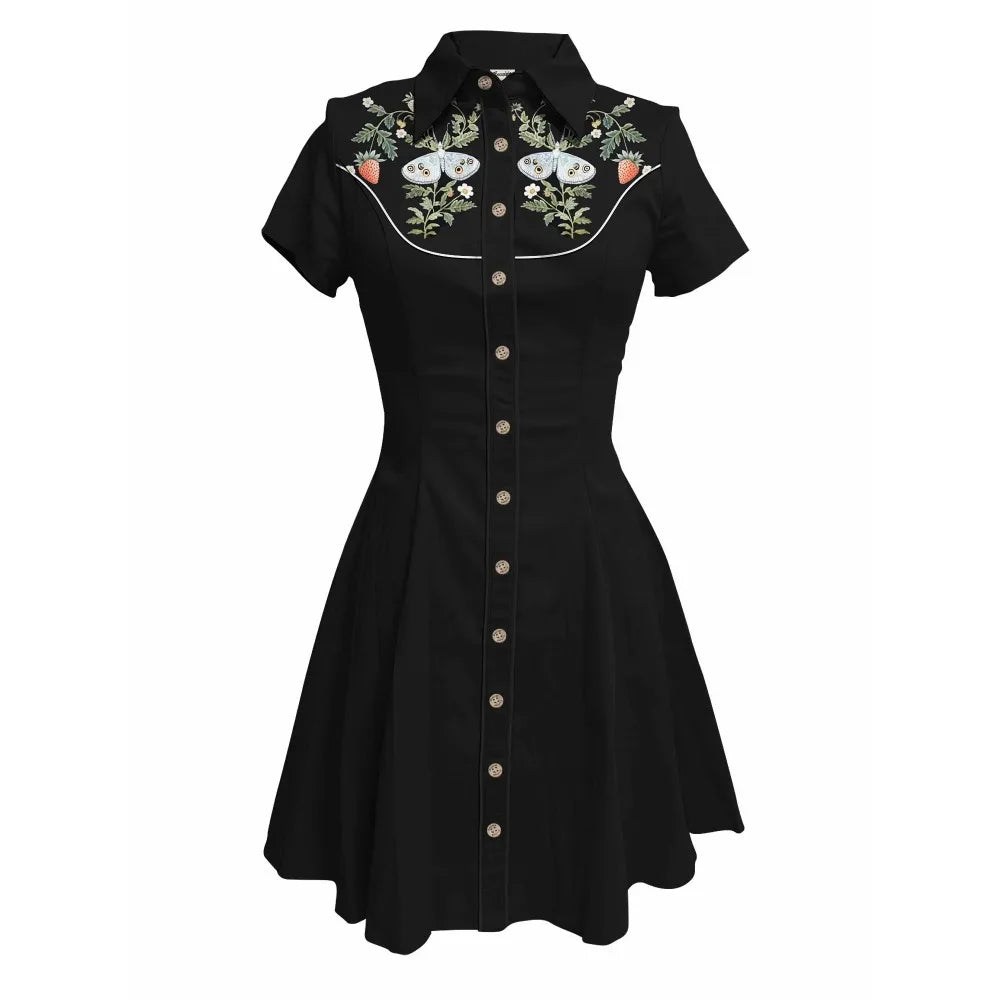 Short Sleeve Button-Front Shirt Dress with Moth Design
