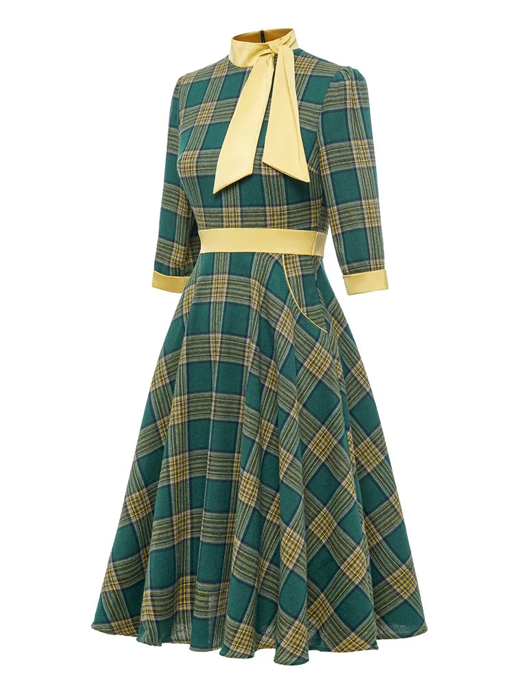 Plaid Neck Tie Contrast Trim Fit & Flare Dress