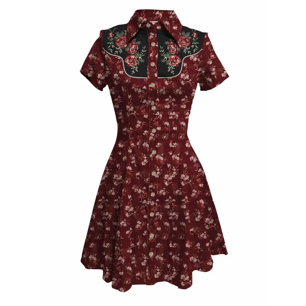 Short Sleeve Button-Front Shirt Dress with Floral Print and Embroidered Yoke