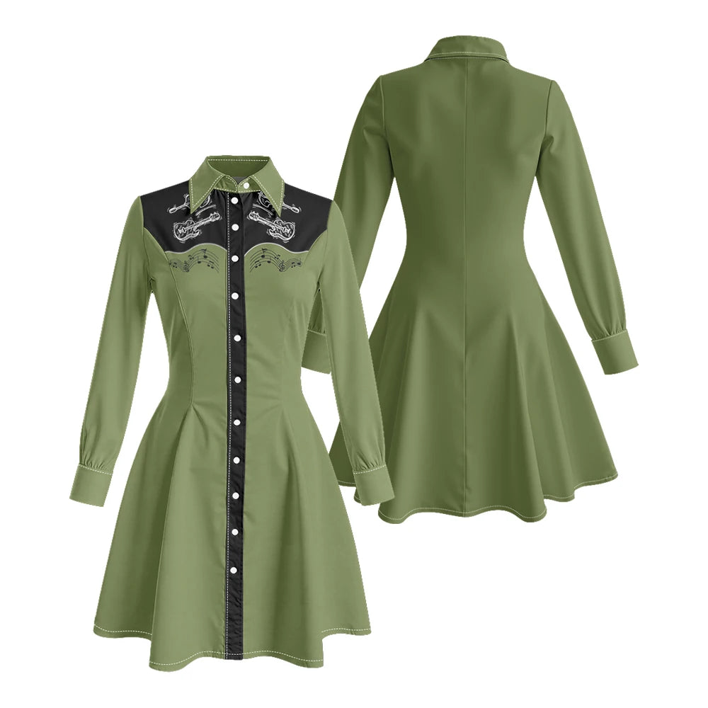 Long Sleeve Western-Style Button-Front Shirt Dress with Graphic Yoke