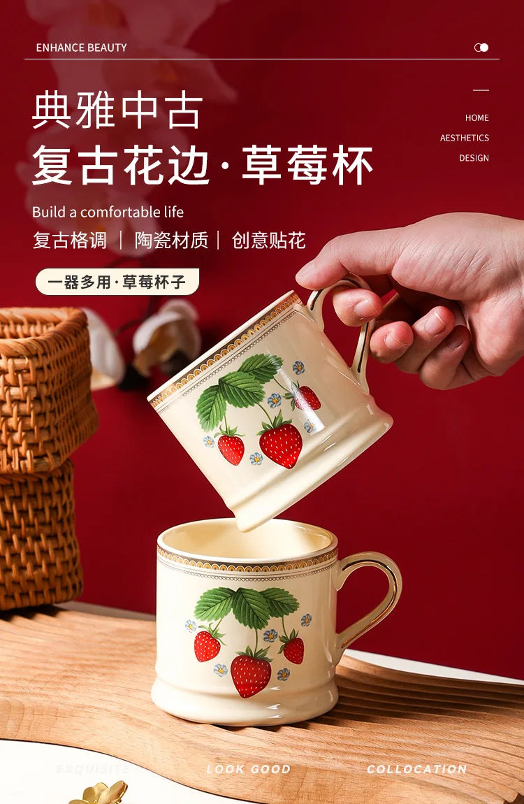 "Parisian Cafe" Hand-Painted Gold-Rimmed Strawberry Mug