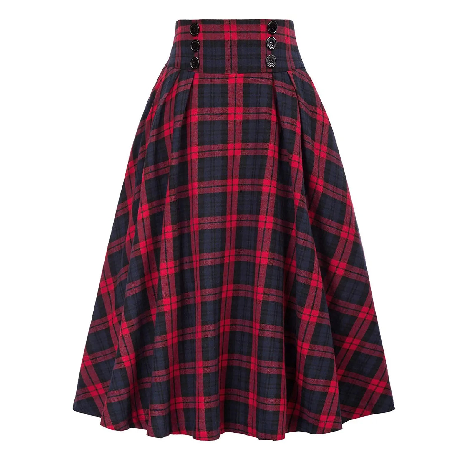 High Waist Plaid Button Detail A Line Midi Skirt