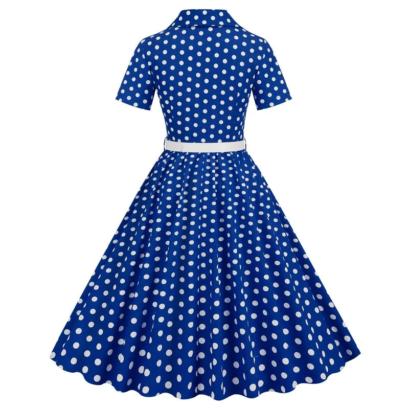 Women Vintage Polka Dots Dress Retro Elegant V-Neck Office Cocktail Tea Party 1950s 40s Swing Dress Summer Dress Short Sleeves