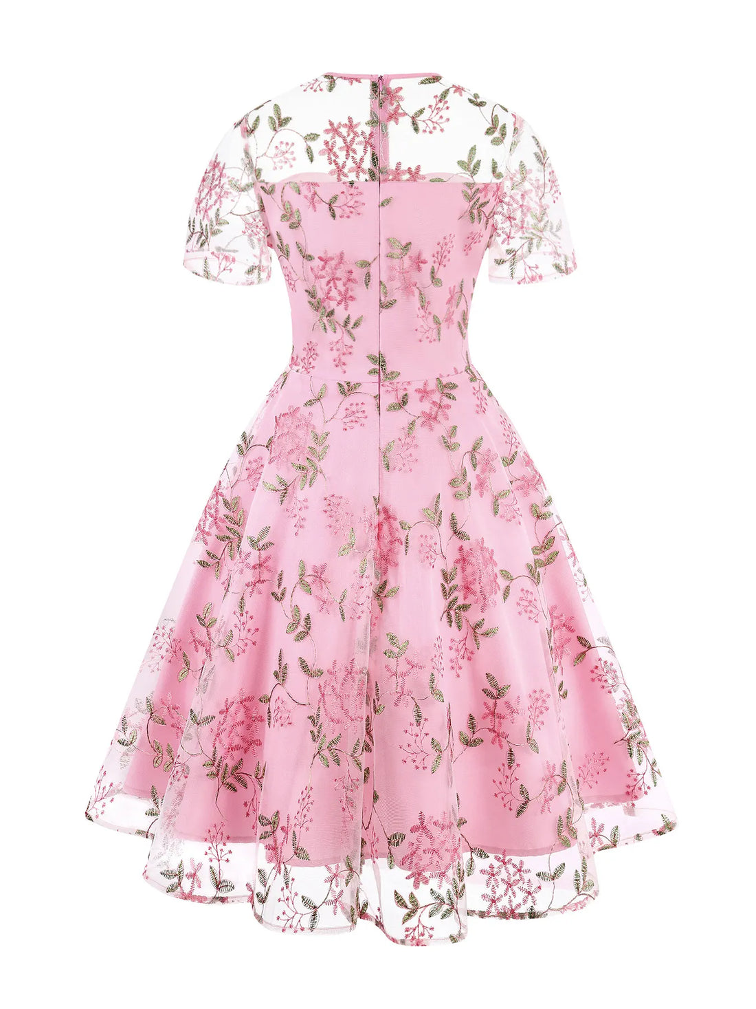 Embroidered Sheer Overlay Midi Dress with Tie Neck