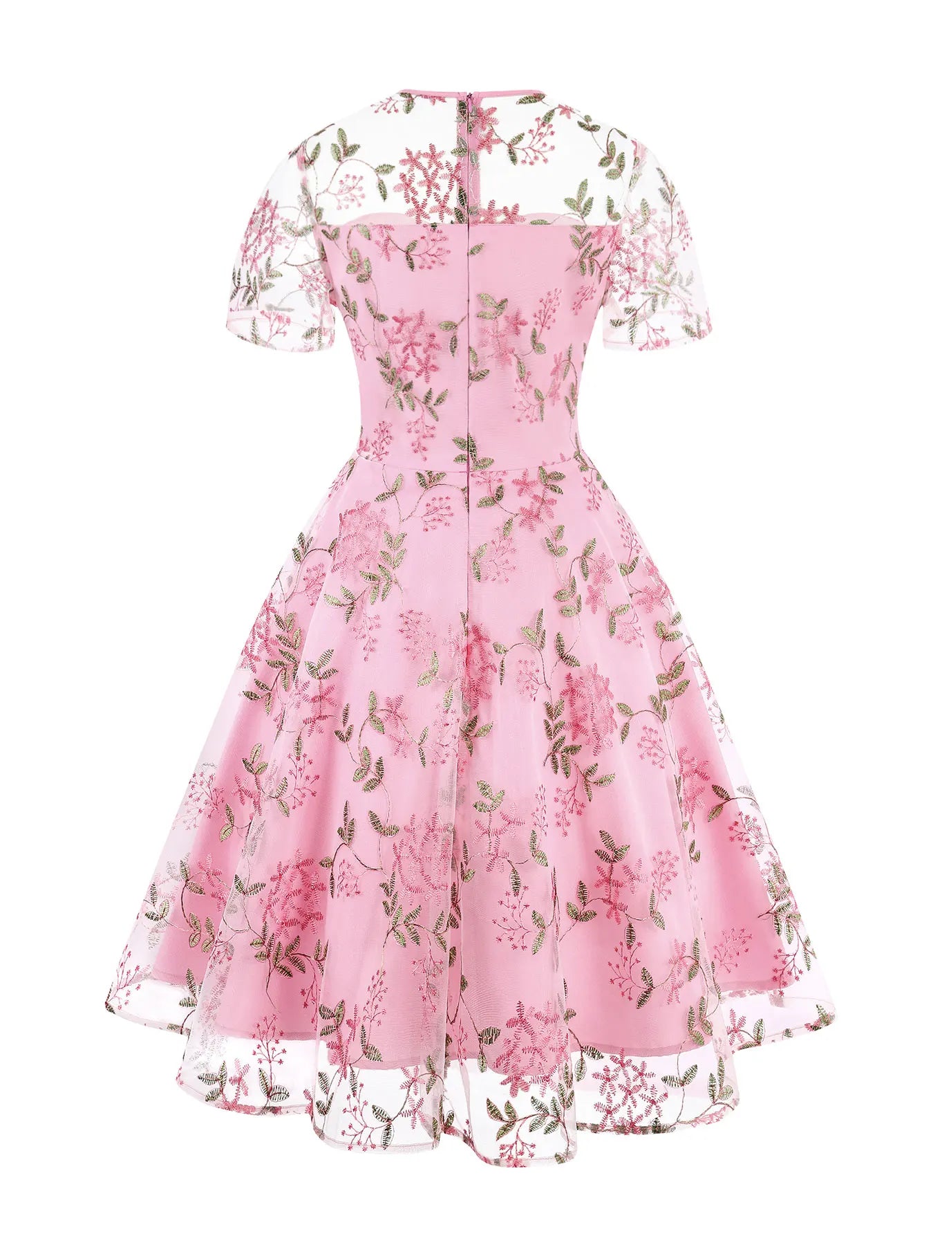 Embroidered Sheer Overlay Midi Dress with Tie Neck