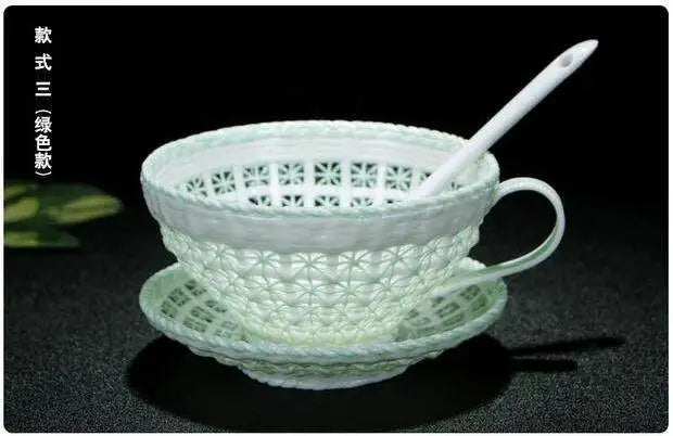 Antique Style Woven-Relief Ceramic Coffee Cup & Saucer Set