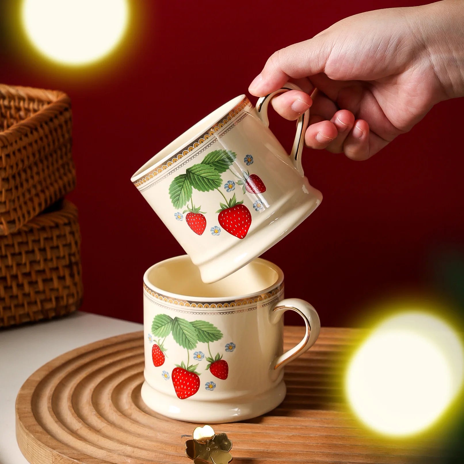 "Parisian Cafe" Hand-Painted Gold-Rimmed Strawberry Mug