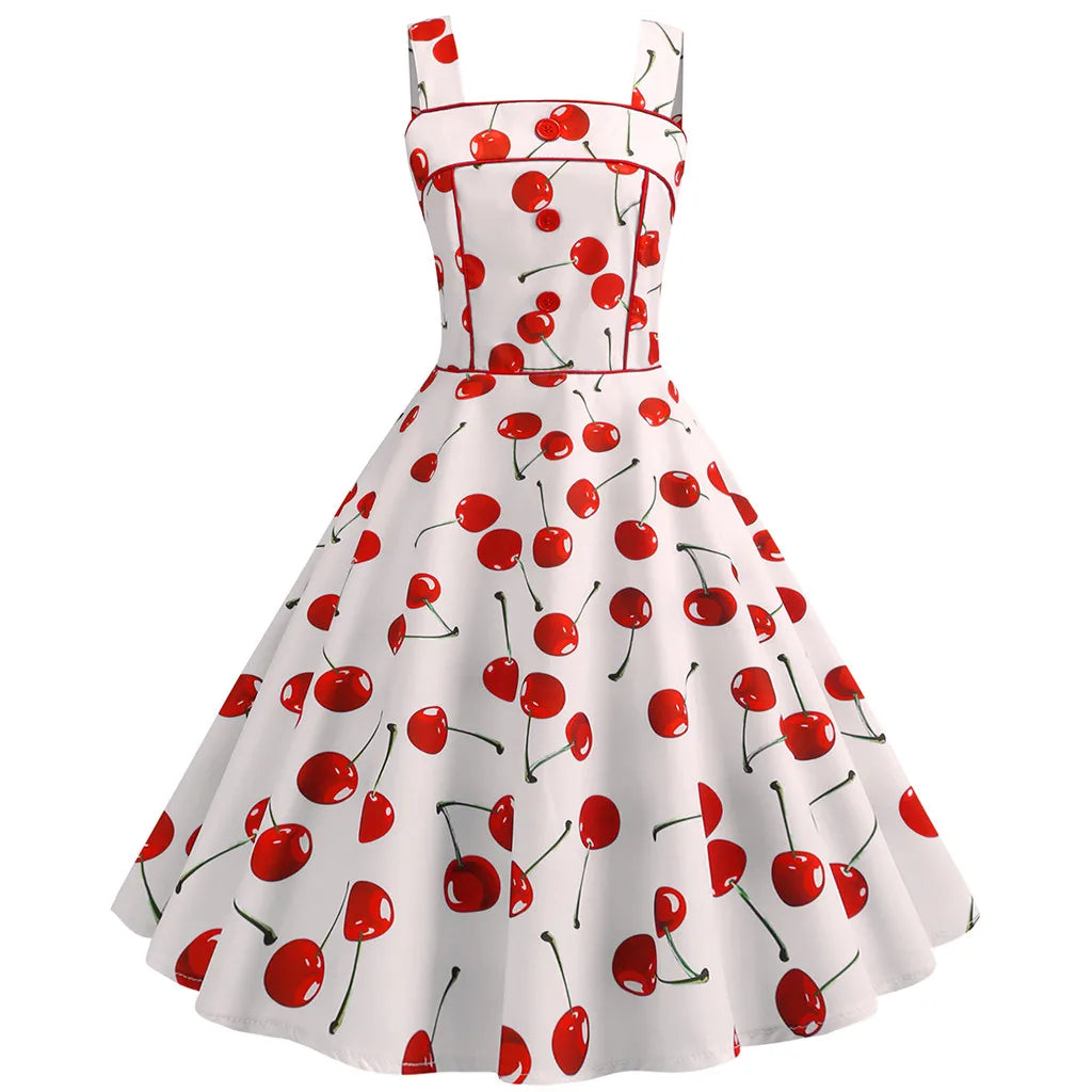 Square Neck Cherry Print Fit and Flare Dress